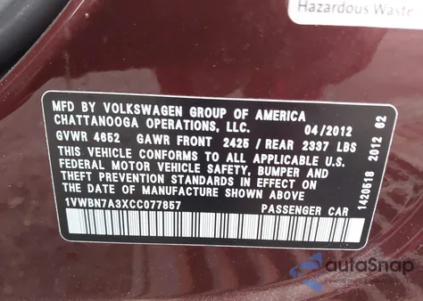 2012 Volkswagen Passat 2.0L Tdi Se z USA, uszkodzony, nr VIN 1VWBN7A3XCC077857